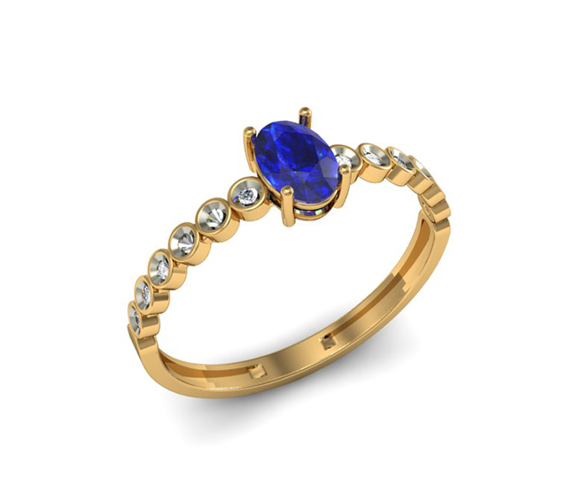 Anel Oval de Safira Azul e Diamantes em Ouro Amarelo 18k