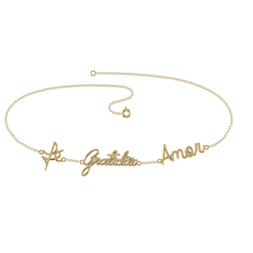 Pulseira Manuscrita Fé Gratidão Amor em Ouro Amarelo 18k