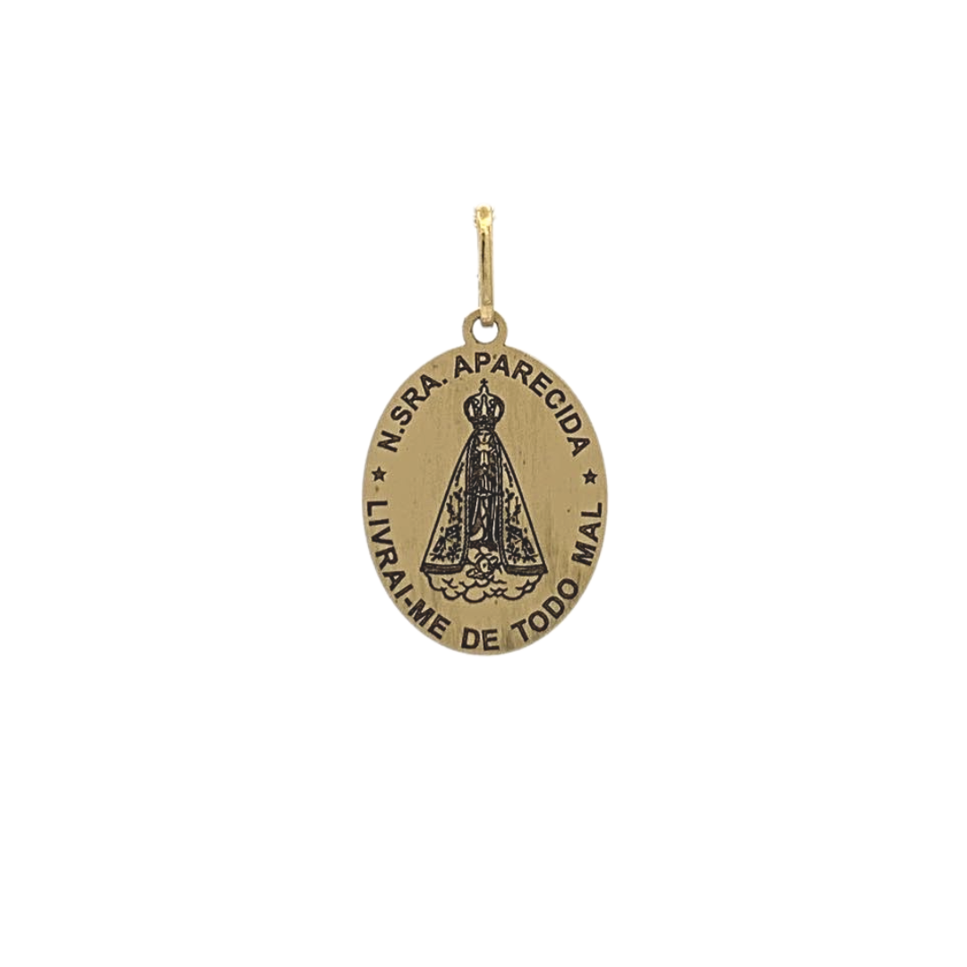 Pingente Oval com Nossa Senhora Aparecida em Ouro Amarelo 18k com Acabamento Envelhecido