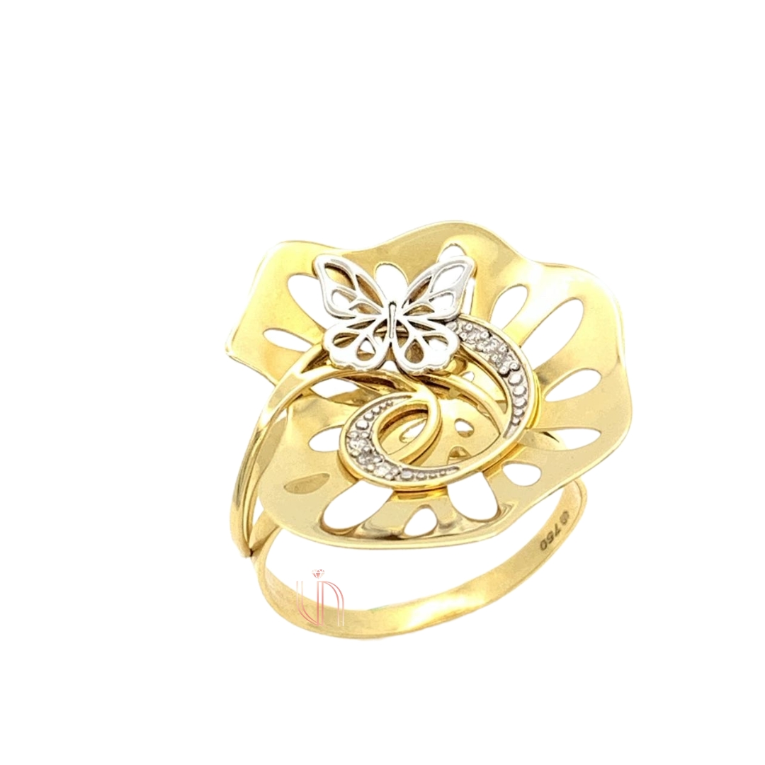 Anel Flor com Borboleta em Ouro Amarelo 18k com Diamantes