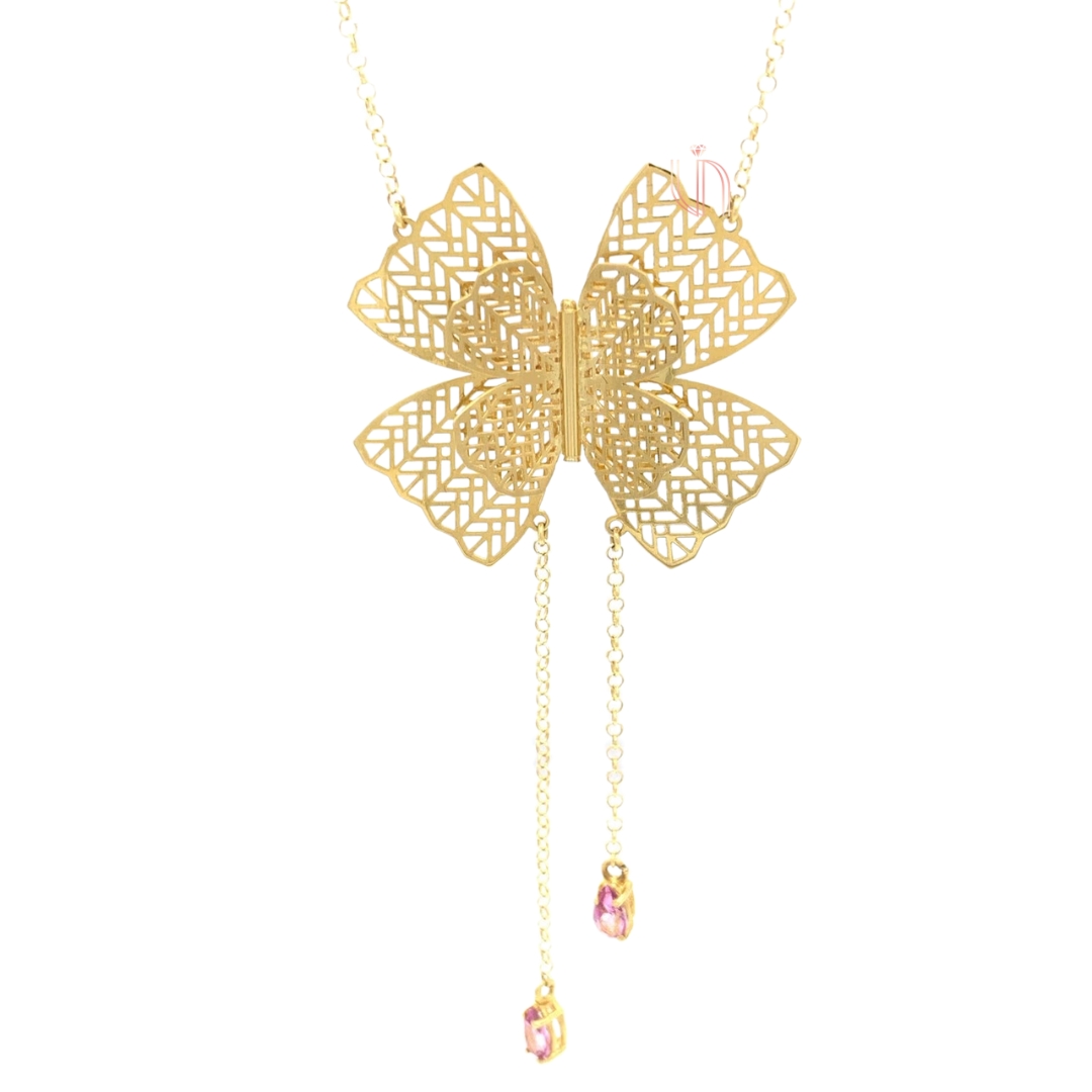 Gargantilha Borboleta Bordada em Ouro Amarelo 18k com Topázios Rosa