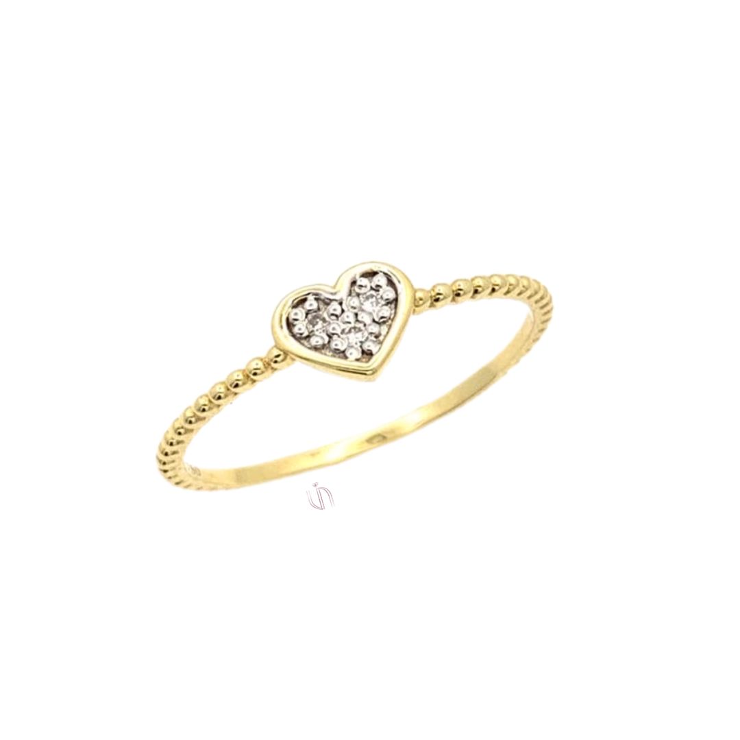 Anel Aro Bolinha com Coração com Diamantes em Ouro Amarelo 18k