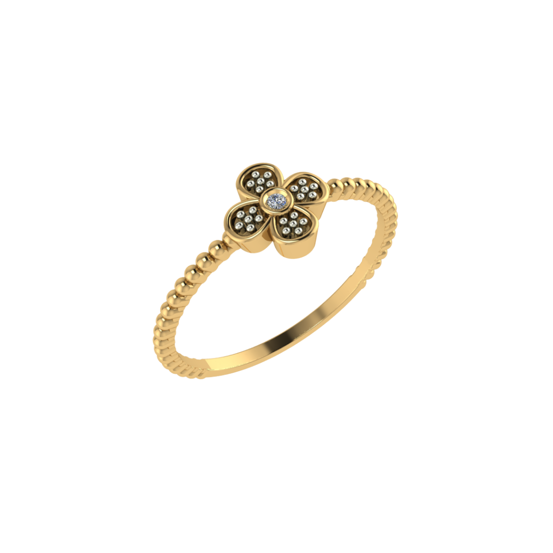 Anel Flor com Aro de Bolinha em Ouro Amarelo 18k com Diamante