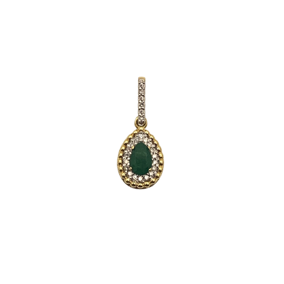 Pingente Gota Bolinhas em Ouro Amarelo 18k com Diamantes e Jade Verde