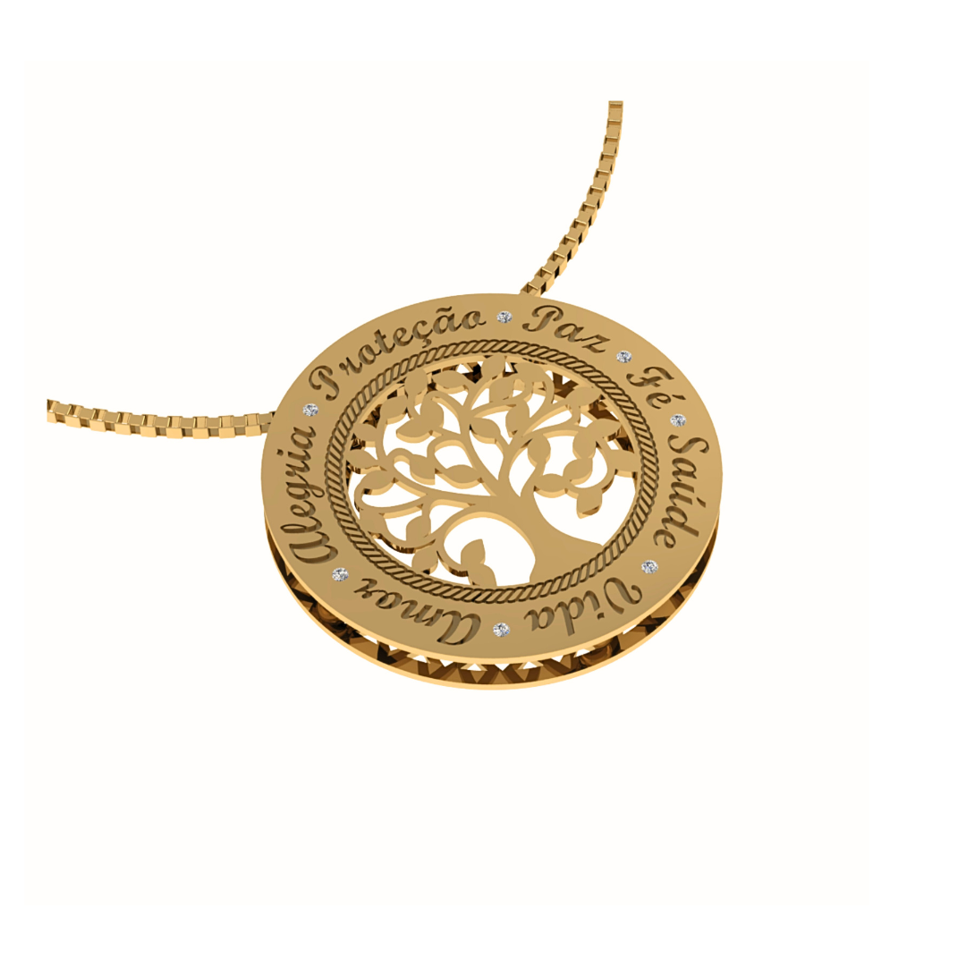 Pingente Mandala Árvore da Vida Ouro Amarelo 18k com Diamantes