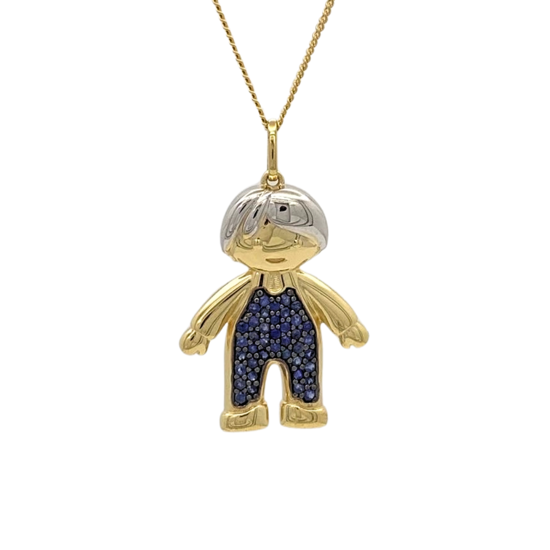 Pingente Menino de Cabelo Branco Ouro Amarelo 18k com Safiras Azuis