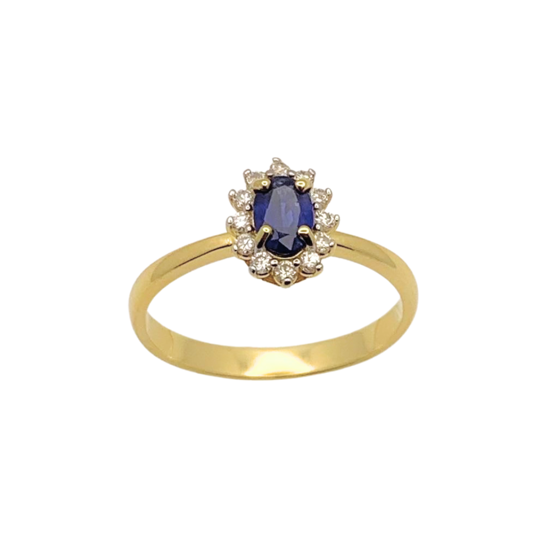 Anel Princesa Oval com Safira Azul e Diamantes em Ouro Amarelo 18k