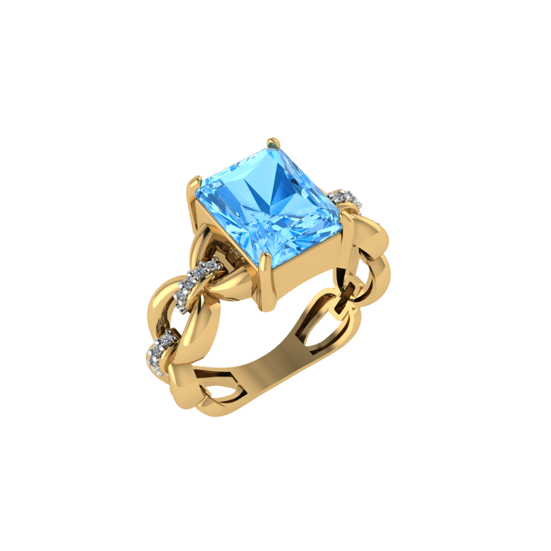 Anel Chain com Diamantes e Topázio Sky Baguete em Ouro Amarelo 18k