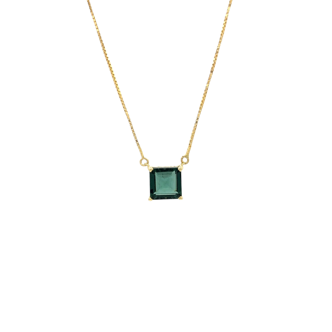 Gargantilha em Ouro Amarelo 18k com Topázio Verde Carré e Diamantes