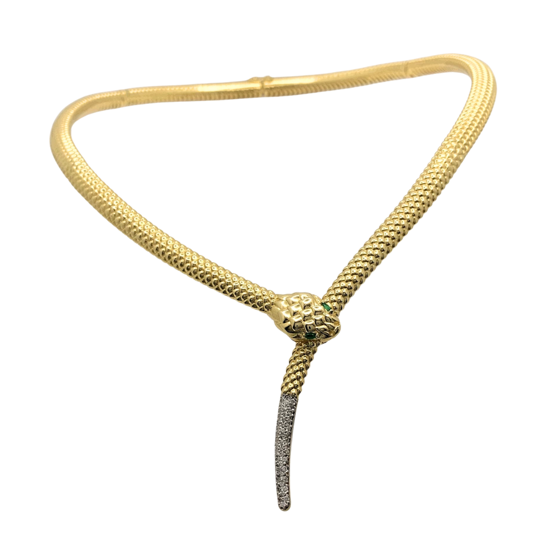 Gargantilha Serpente em Ouro Amarelo 18k com Esmeraldas e Diamantes