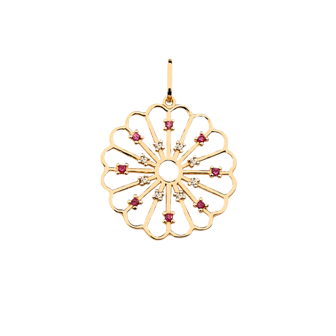 Mandala com Rubis e Diamantes em Ouro Amarelo 18k