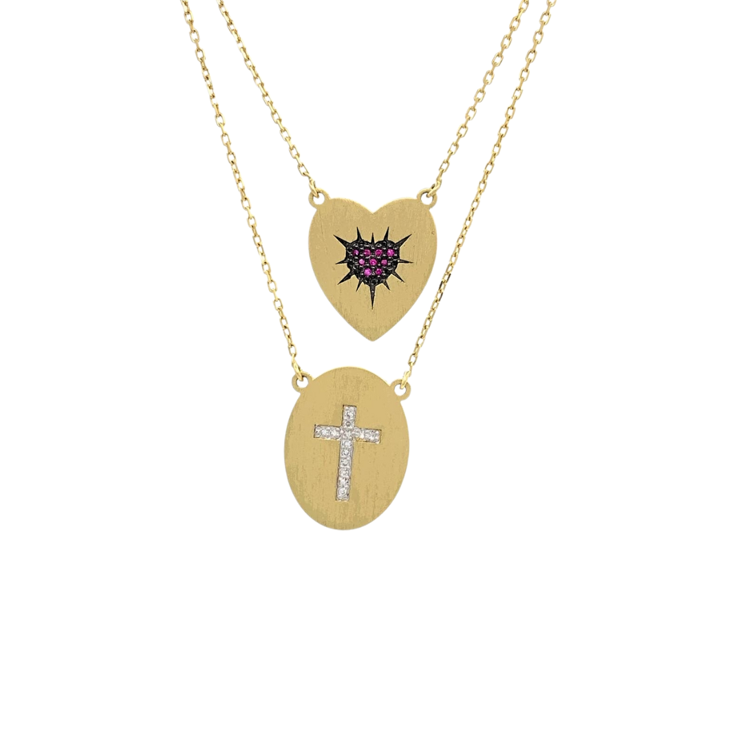 Escapulário Sagrado Coração  e Cruz em Ouro Amarelo 18k com Rubis e Diamantes
