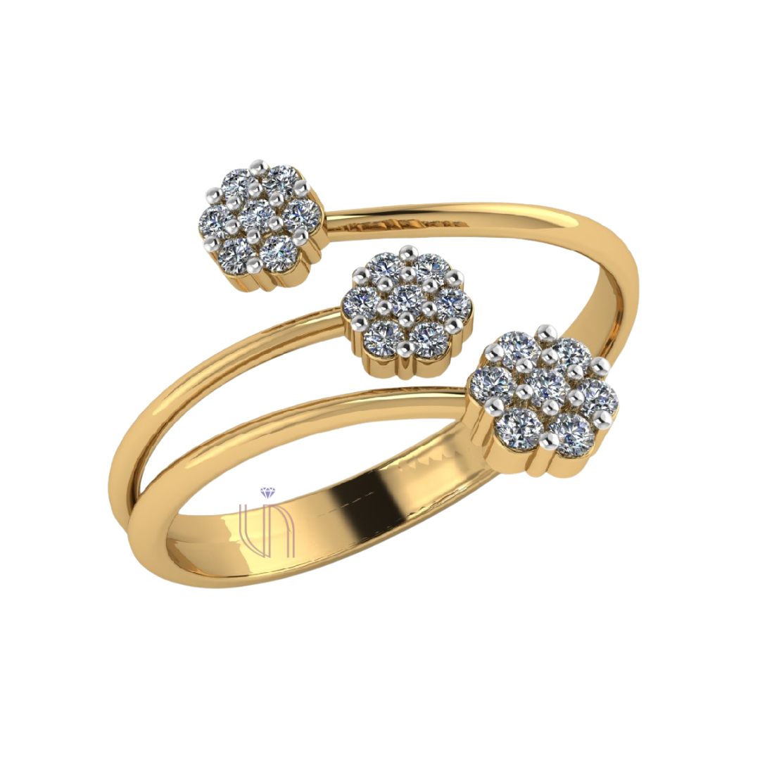 Anel Aro Aberto 3 Flores em Ouro Amarelo 18k com Diamantes