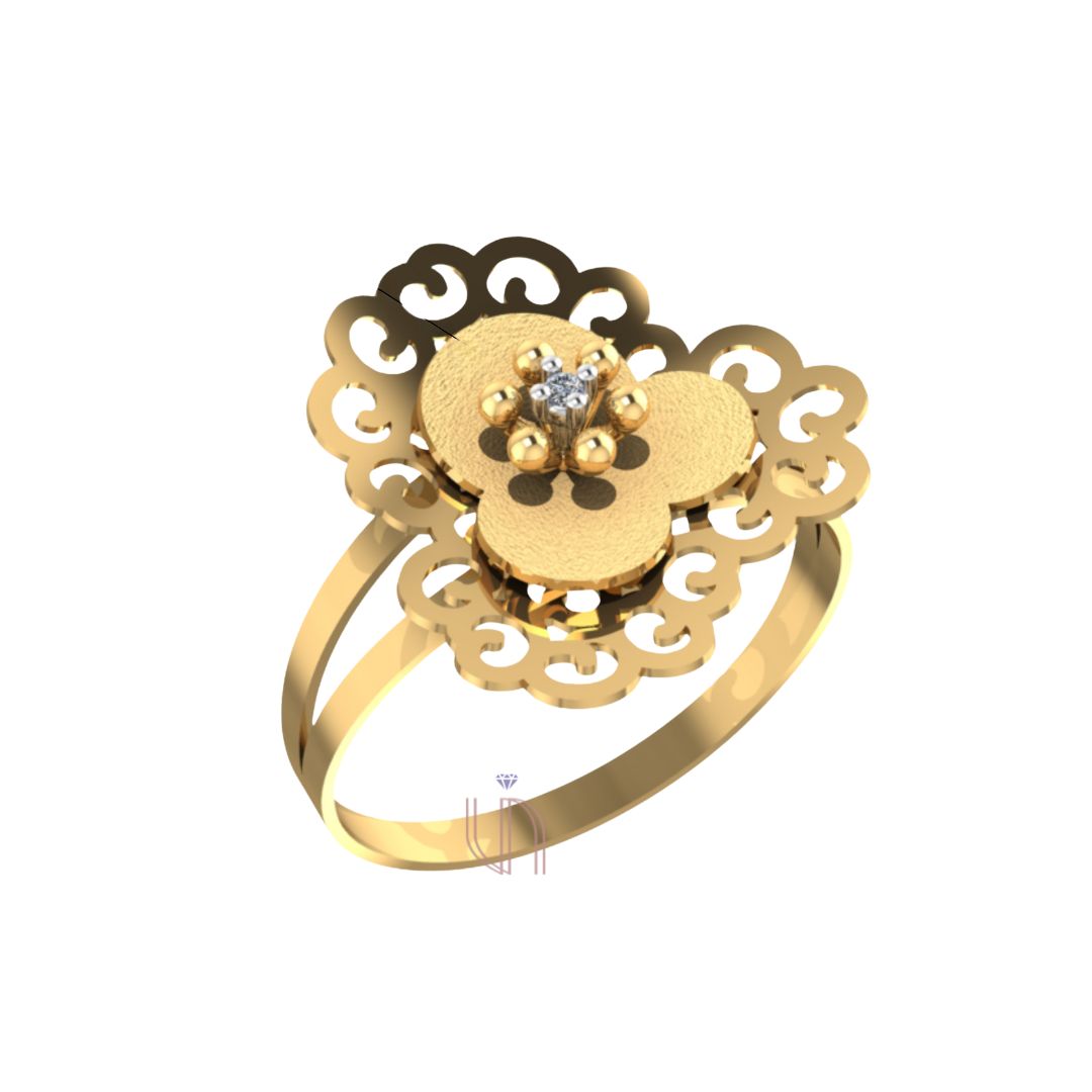 Anel Flor com Arabesco em Ouro Amarelo 18k com Diamantes