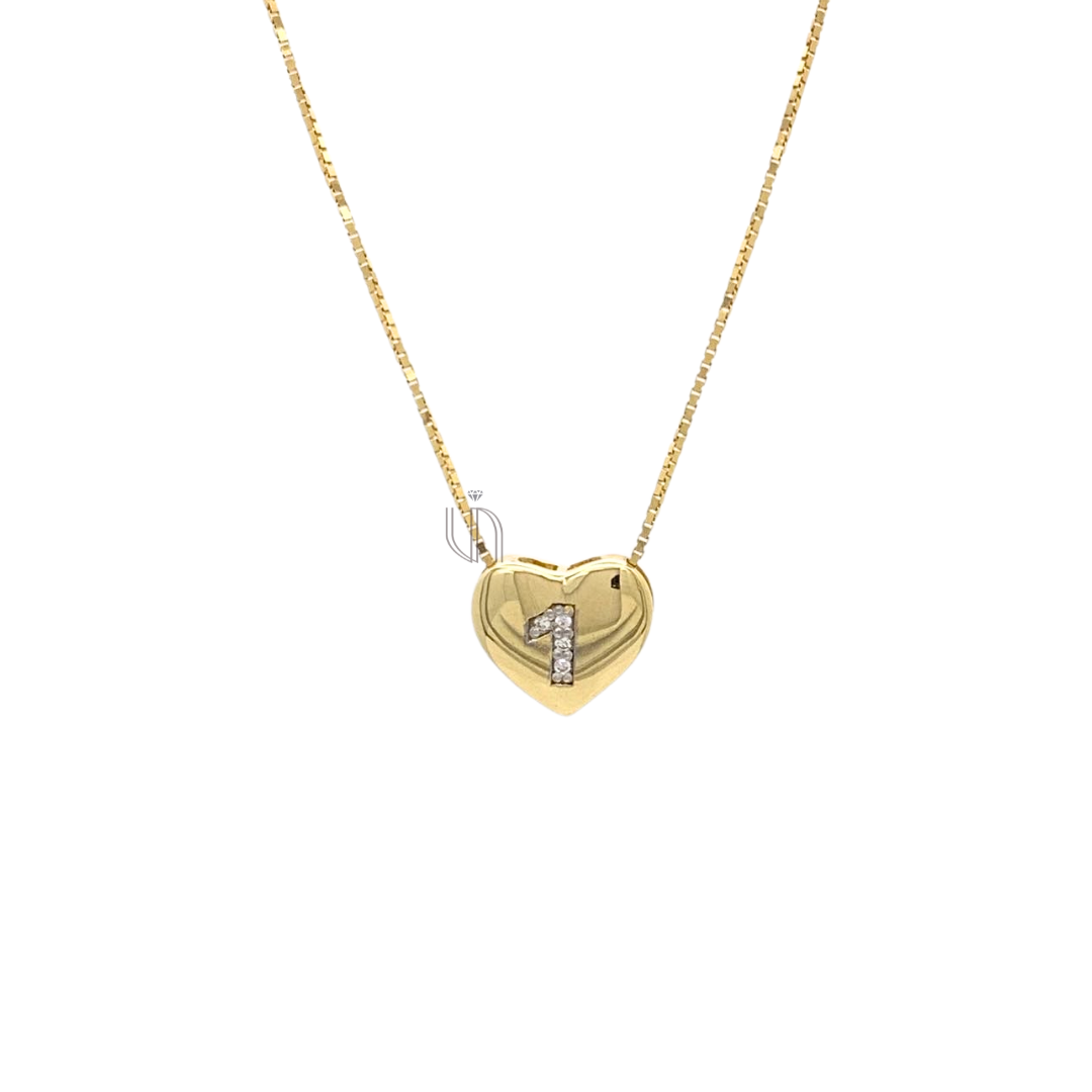 Pingente Coração Número da Sorte 1 em Ouro Amarelo 18k com Diamantes