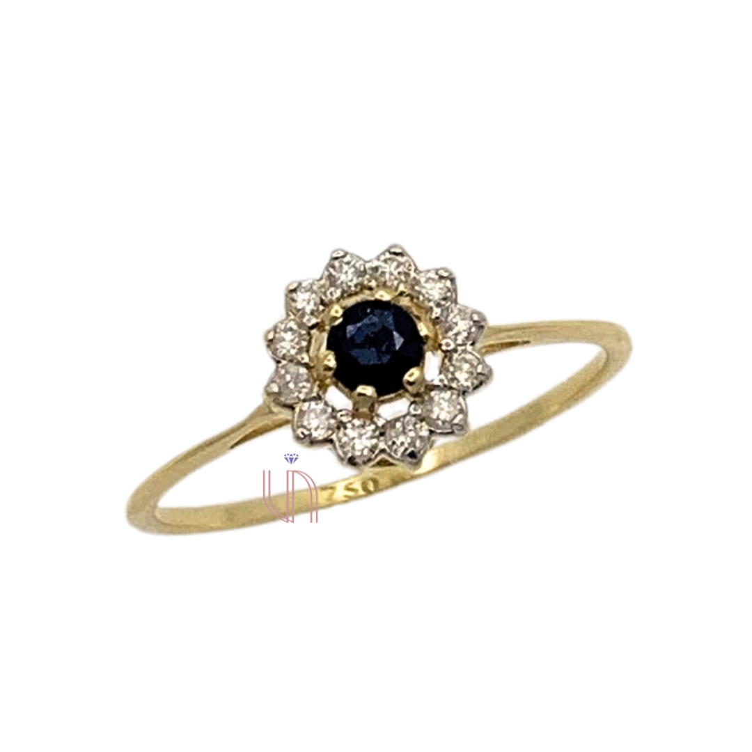 Anel Redondo em Ouro Amarelo 18k com Diamantes e Safira Azul