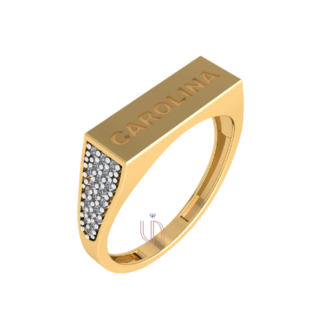 Anel Retangular Personalizável em Ouro Amarelo 18k com Diamantes no Aro