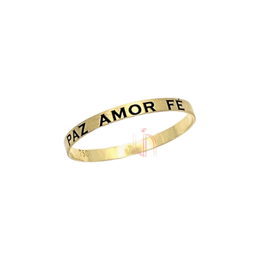 Aliança Paz Amor Fé em Ouro Amarelo 18k