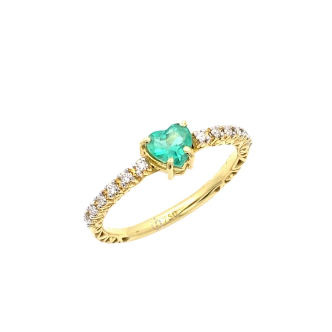 Anel em Ouro Amarelo 18k com Coração de Esmeralda e Diamantes