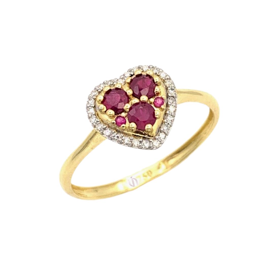 Anel Coração em Ouro Amarelo 18k com Rubis e Diamantes