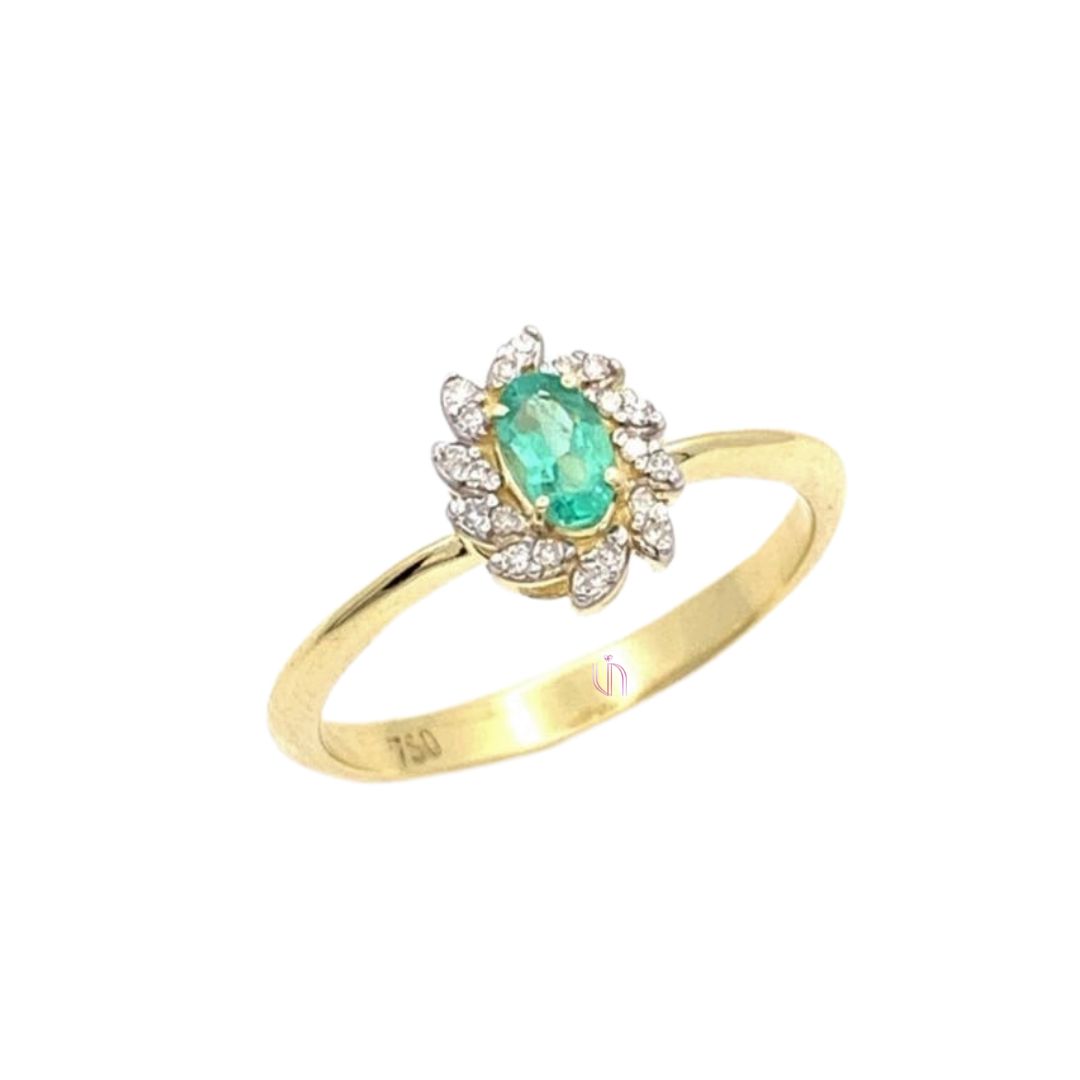 Anel Floral Oval em Ouro Amarelo 18k com Esmeralda e Diamantes