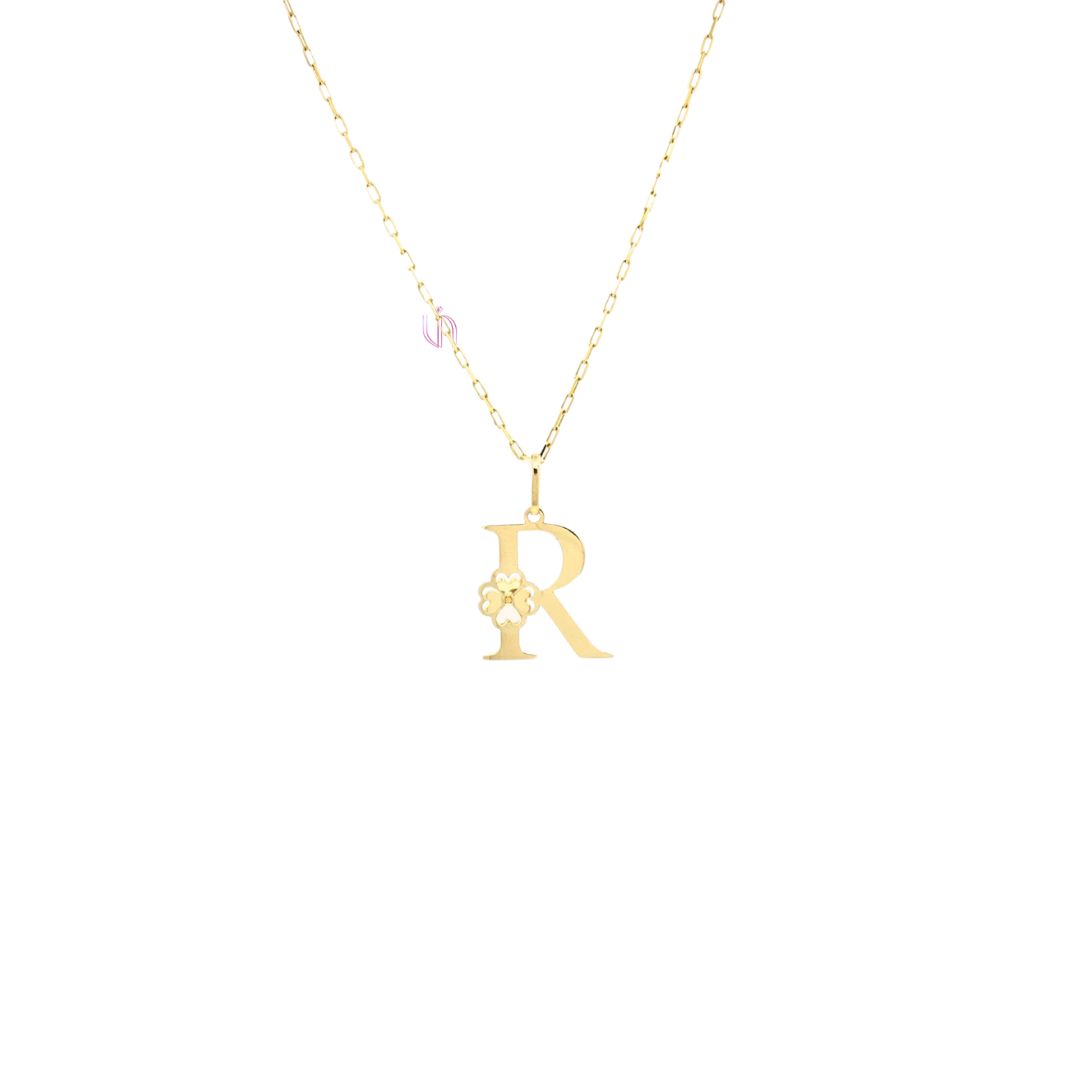 Pingente Letra R com Trevo em Ouro Amarelo 18k