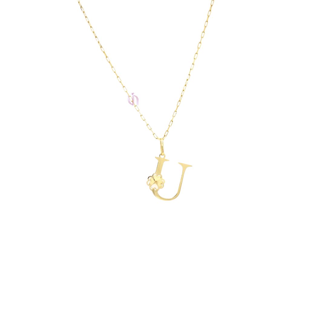 Pingente Letra U com Trevo em Ouro Amarelo 18k