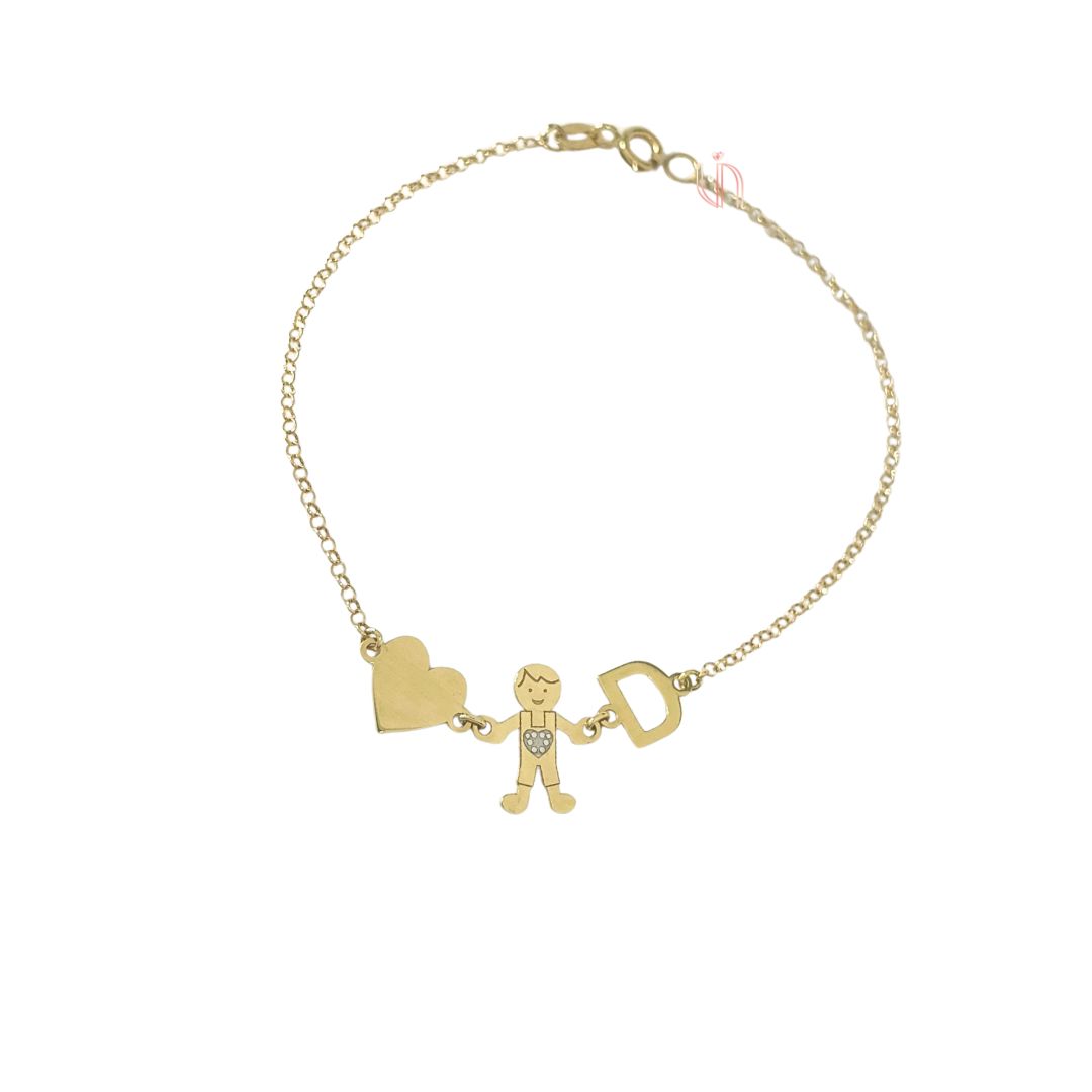 Pulseira Personalizada Menino com Coração e Inicial em Ouro Amarelo 18k