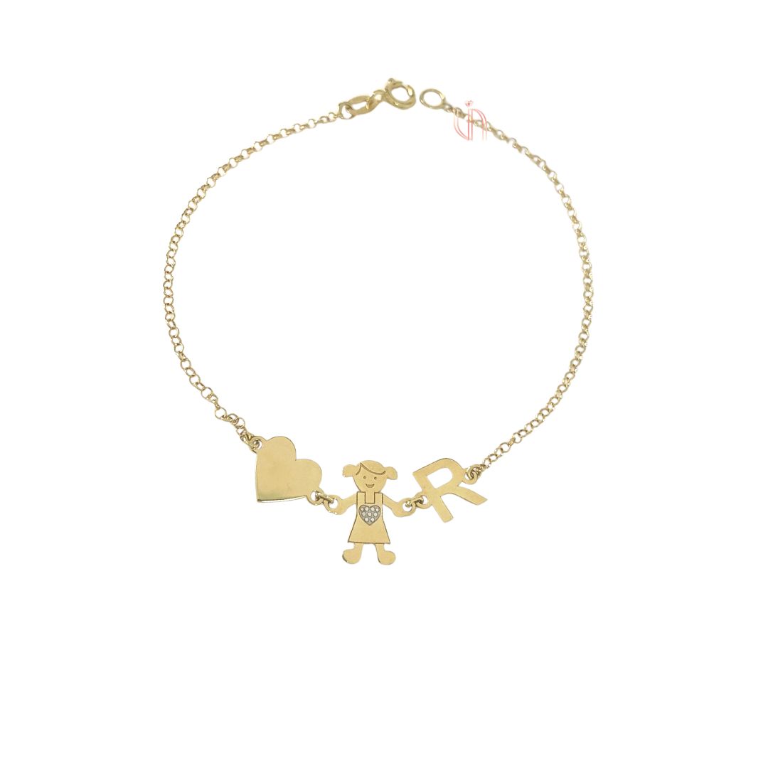 Pulseira Personalizada Menina com Coração e Inicial em Ouro Amarelo 18k