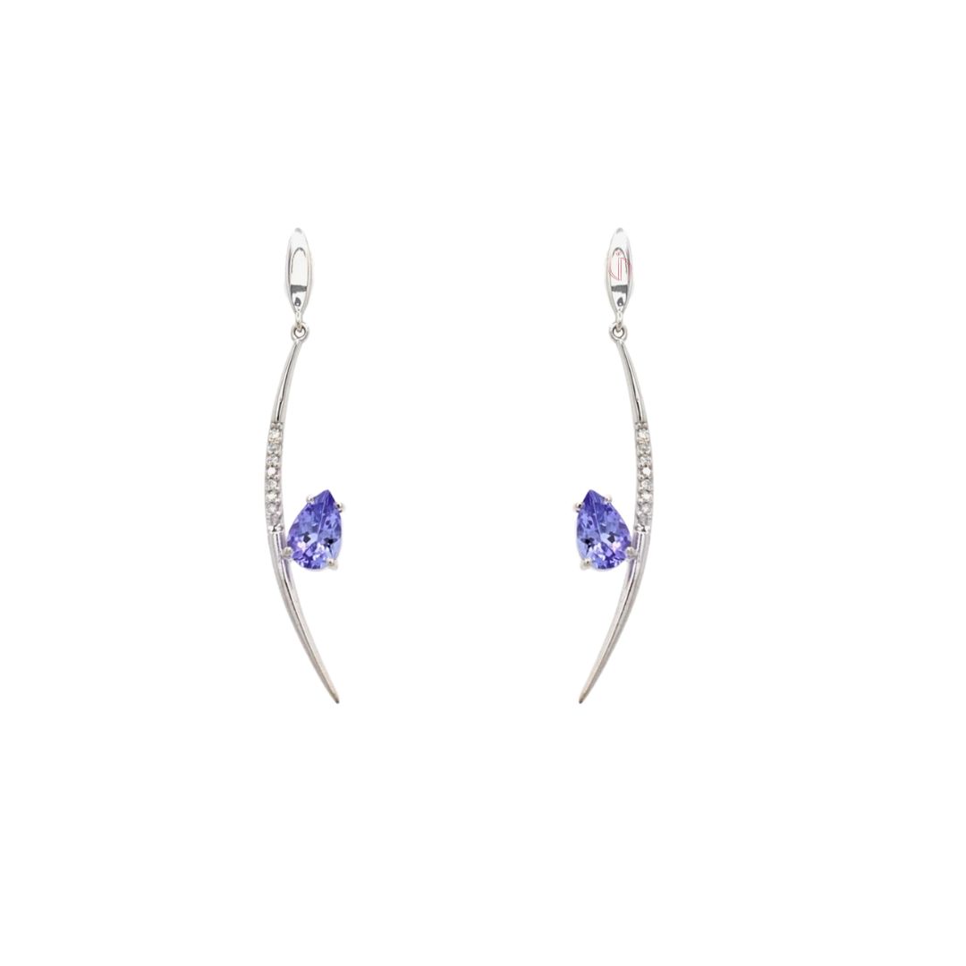 Brinco Palito com Tanzanita Gota em Ouro Branco 18k e Diamantes