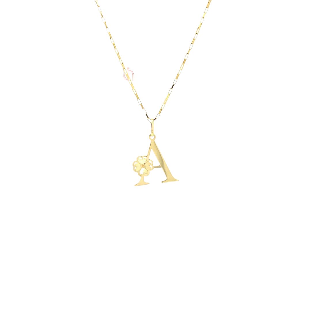 Pingente Letra A com Trevo em Ouro Amarelo 18k