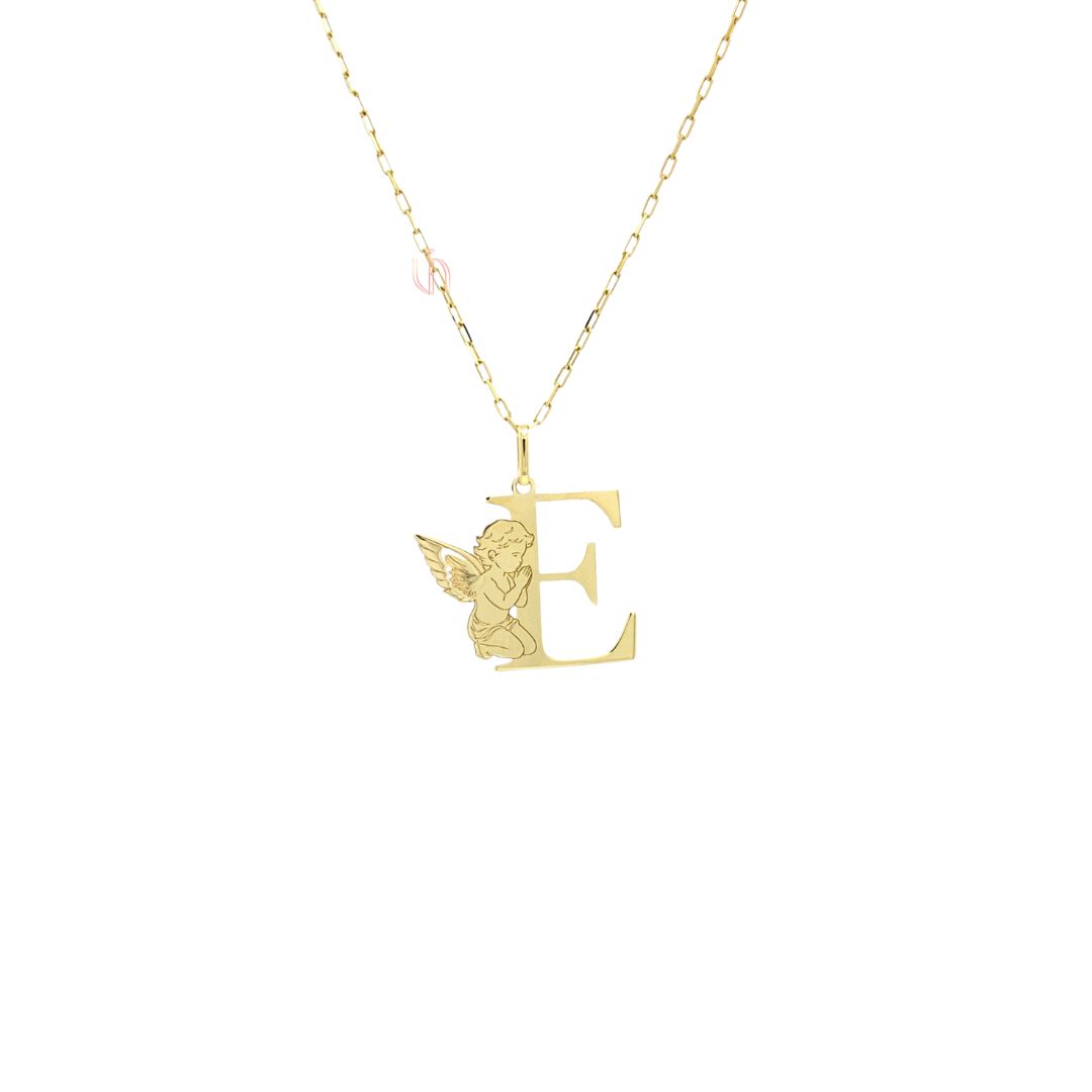 Pingente Letra E com Anjo em Ouro Amarelo 18k