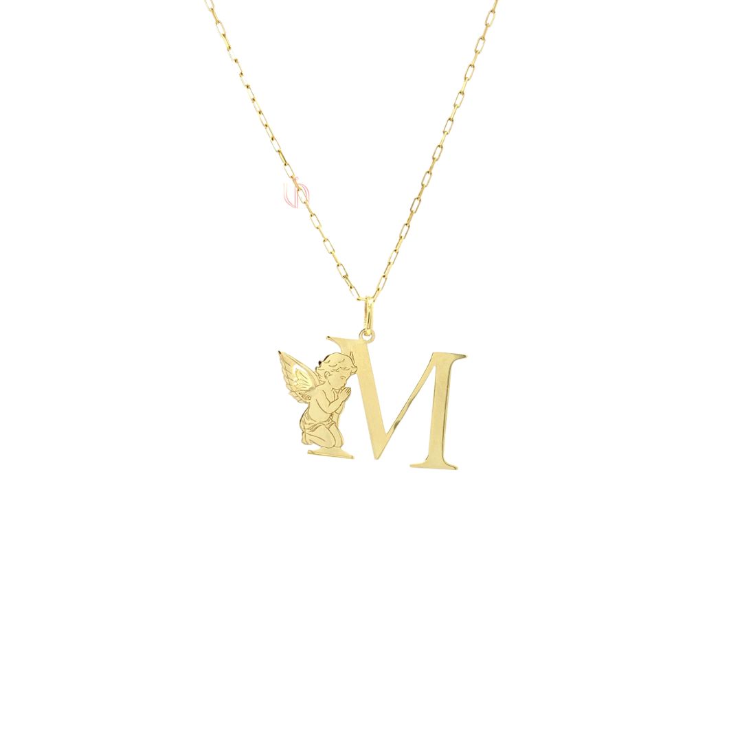 Pingente Letra M com Anjo em Ouro Amarelo 18k