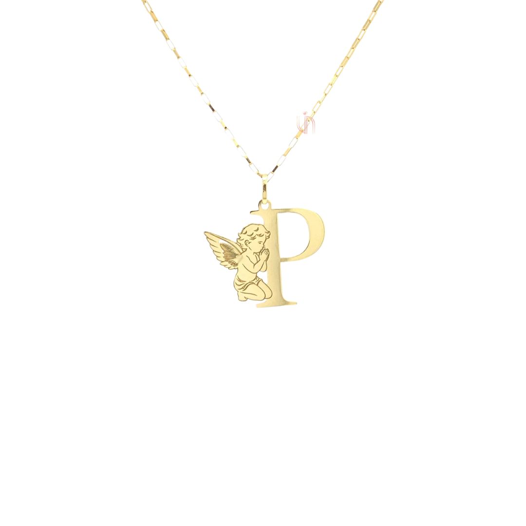 Pingente Letra P com Anjo em Ouro Amarelo 18k