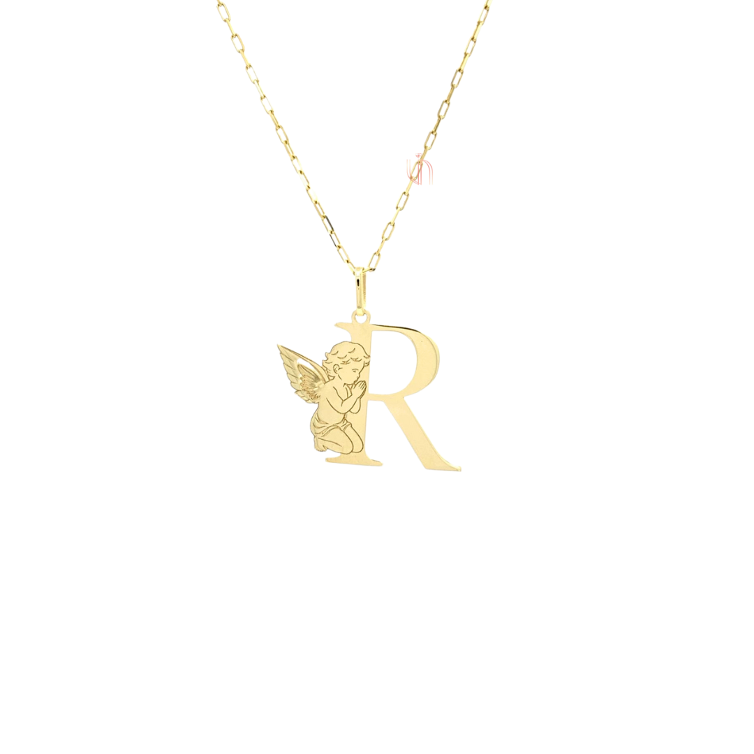 Pingente Letra R com Anjo em Ouro Amarelo 18k