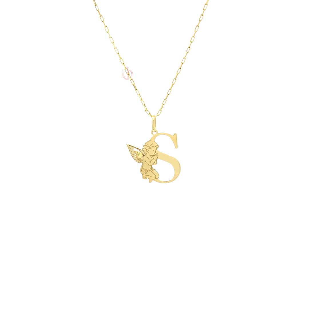 Pingente Letra S com Anjo em Ouro Amarelo 18k