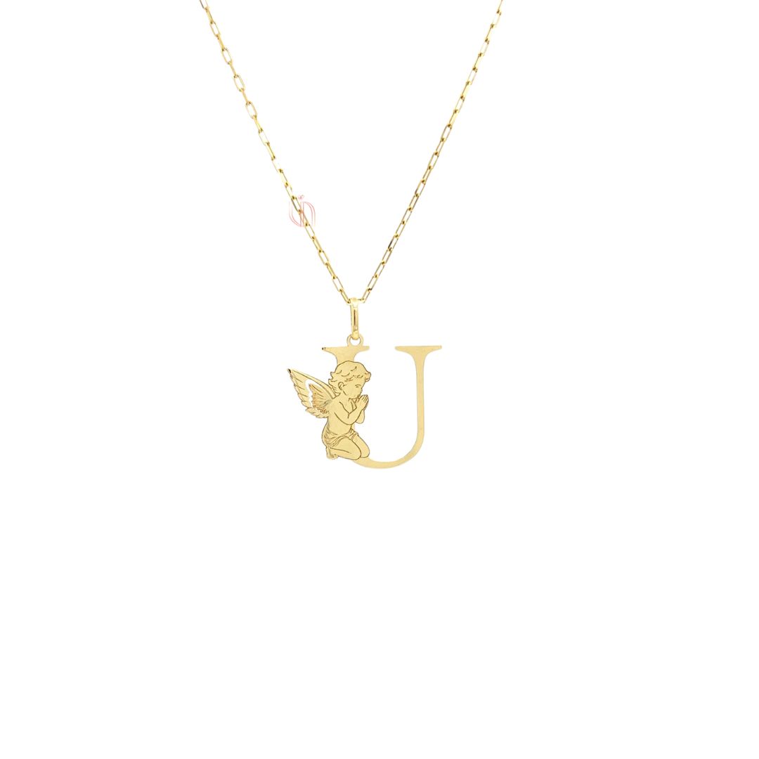 Pingente Letra U com Anjo em Ouro Amarelo 18k